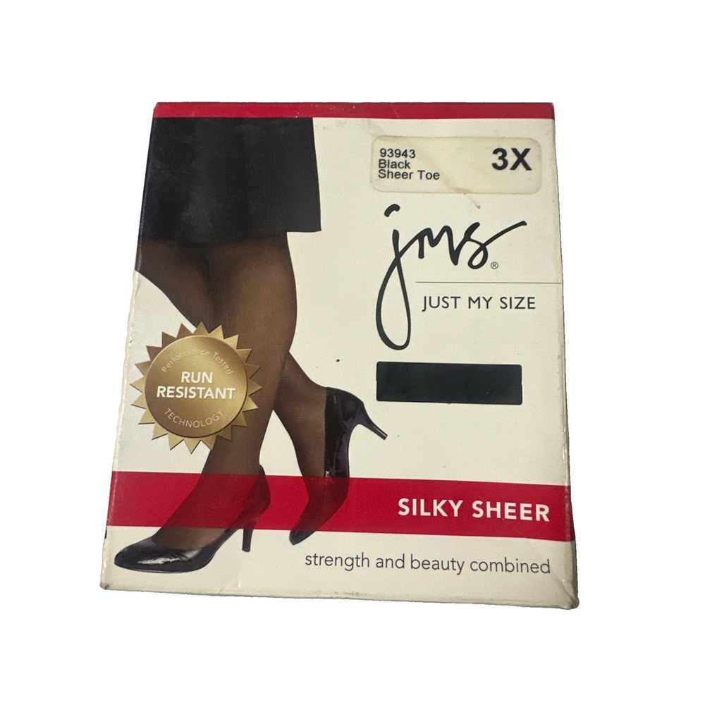 Just My Size JMS Silky Sheer Black Sheer Toe Sz 3X Run Resistant Pantyhose - NOS